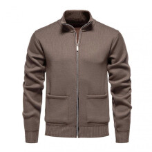(XL, Coffee) Men Knitted Jacket Stand Collar Long Sleeve Zipper Closure Sweater Coat with Pockets Thickened Plush