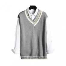 (L, Grey) Men Vest Sweater V Neck Sleeveless Loose Colorblock Knitted Pullover Mid Length Thickened Preppy And