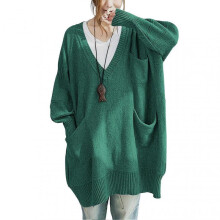(4XL, Green) Women Sweater V-Neck Long Sleeve Sweater with Pockets Solid Color Loose Fit Long Hem Knitting Tops