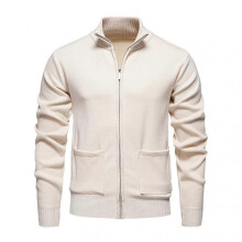 (XL, Beige) Men Knitted Jacket Stand Collar Long Sleeve Zipper Closure Sweater Coat with Pockets Thickened Plush