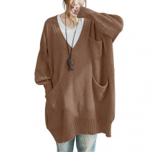 (3XL, Khaki) Women Sweater V-Neck Long Sleeve Sweater with Pockets Solid Color Loose Fit Long Hem Knitting Tops