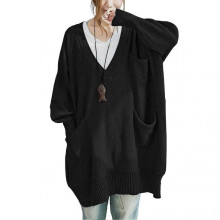 (XL, Black) Women Sweater V-Neck Long Sleeve Sweater with Pockets Solid Color Loose Fit Long Hem Knitting Tops