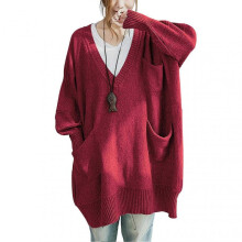 (XL, Wine Red) Women Sweater V-Neck Long Sleeve Sweater with Pockets Solid Color Loose Fit Long Hem Knitting Tops
