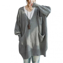 (2XL, Grey) Women Sweater V-Neck Long Sleeve Sweater with Pockets Solid Color Loose Fit Long Hem Knitting Tops