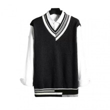 (XXL, Black) Men Vest Sweater V Neck Sleeveless Loose Colorblock Knitted Pullover Mid Length Thickened Preppy And