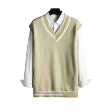 (XL, Green) Men Vest Sweater V Neck Sleeveless Loose Colorblock Knitted Pullover Mid Length Thickened Preppy And