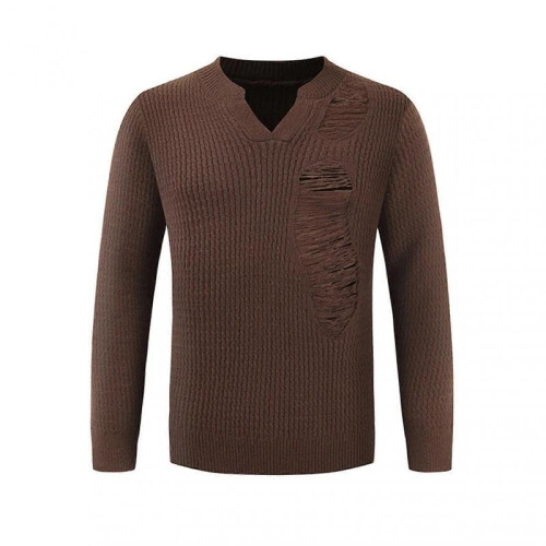 (M, Coffee) Men Autumn Winter Sweater Ripped Hole Long Sleeves V Neck Elastic Solid Color Pullover Keep Warm
