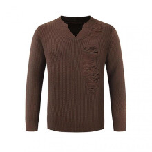 (XL, Coffee) Men Autumn Winter Sweater Ripped Hole Long Sleeves V Neck Elastic Solid Color Pullover Keep Warm