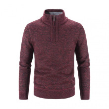 (XXL, Red) Men Sweater Coat Half Zipper Knit Elastic Long Sleeves Stand Collar Outerwear Pure Color English