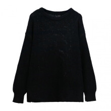 (XL, Black) Women Pullover Sweater Round Neck Long Sleeve Elastic Fabric Knitting Tops Solid Color Loose Fit
