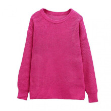 (S, Rose Red) Women Pullover Sweater Round Neck Long Sleeve Elastic Fabric Knitting Tops Solid Color Loose Fit