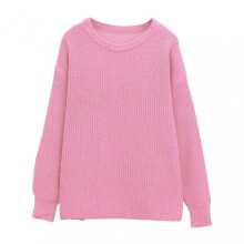 (XL, Pink) Women Pullover Sweater Round Neck Long Sleeve Elastic Fabric Knitting Tops Solid Color Loose Fit