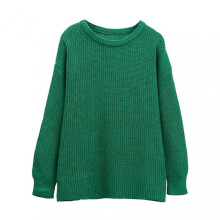 (L, Green) Women Pullover Sweater Round Neck Long Sleeve Elastic Fabric Knitting Tops Solid Color Loose Fit