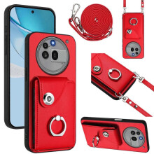 (For Nothing Phone 3a Pro, Red) Organ Card Bag Ring Holder Phone Case with Long Lanyard
