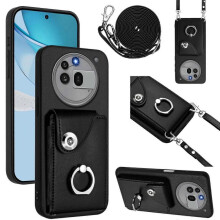 (For Nothing Phone 3a Pro, Black) Organ Card Bag Ring Holder Phone Case with Long Lanyard