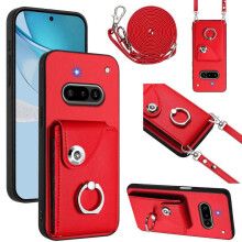 (For Nothing Phone 3a, Red) Organ Card Bag Ring Holder Phone Case with Long Lanyard