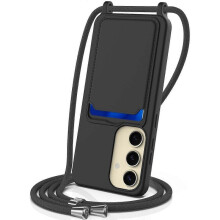 (For Samsung Galaxy S24+ 5G, Black) Integrated Card Bag Solid Color Liquid Silicone Phone Case with Lanyard