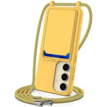 (For Samsung Galaxy A35 5G, Yellow) Integrated Card Bag Solid Color Liquid Silicone Phone Case with Lanyard