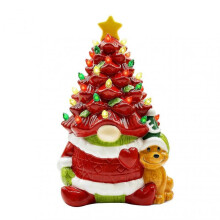 (Red) 10 Inch Lighted Christmas Gnome Tree Resin Reindeer/Santa Dog Gnome Tree with LED Light for Home Office Fireplace Mantel Tabletop Decor