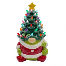 (Green) 10 Inch Lighted Christmas Gnome Tree Resin Reindeer/Santa Dog Gnome Tree with LED Light for Home Office Fireplace Mantel Tabletop Decor