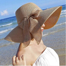 (khaki) Summer Women Straw Hat Bowknot Wide Brim Floppy Panama Hats Female Lady Outdoor Foldable Beach Sun Cap