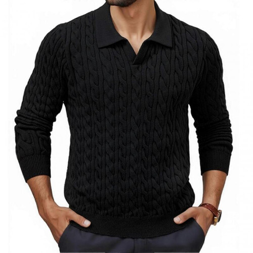(L, Black) Men Knitted Tops Lapel Long Sleeve Solid Color Sweater Twist Pattern Winter Thick Warm Pullover Tops