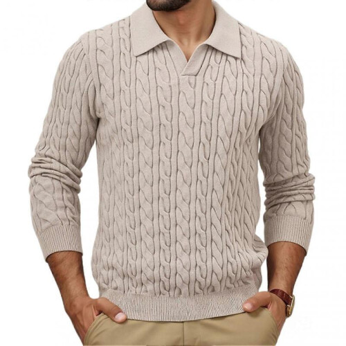 (2XL, Khaki) Men Knitted Tops Lapel Long Sleeve Solid Color Sweater Twist Pattern Winter Thick Warm Pullover Tops