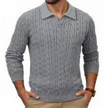 (2XL, Grey) Men Knitted Tops Lapel Long Sleeve Solid Color Sweater Twist Pattern Winter Thick Warm Pullover Tops