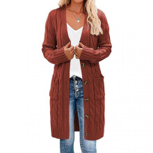 (XL, Brick Red) Women Sweater Cardigan V-neck Long Sleeve Twist Texture Knitting Tops with Pockets Solid Color