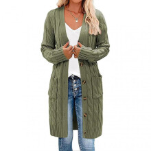 (S, Army Green) Women Sweater Cardigan V-neck Long Sleeve Twist Texture Knitting Tops with Pockets Solid Color