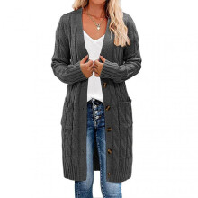 (M, Dark Gray) Women Sweater Cardigan V-neck Long Sleeve Twist Texture Knitting Tops with Pockets Solid Color