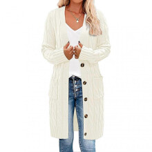 (S, Beige) Women Sweater Cardigan V-neck Long Sleeve Twist Texture Knitting Tops with Pockets Solid Color