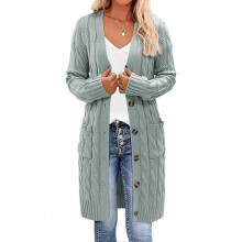 (M, Light Green) Women Sweater Cardigan V-neck Long Sleeve Twist Texture Knitting Tops with Pockets Solid Color