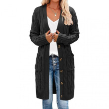 (L, Black) Women Sweater Cardigan V-neck Long Sleeve Twist Texture Knitting Tops with Pockets Solid Color