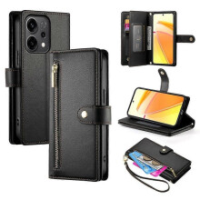(Black) Nine Card-slot Zipper Wallet Bag Leather Phone Case For OPPO Reno14 Global / Reno14 F 5G