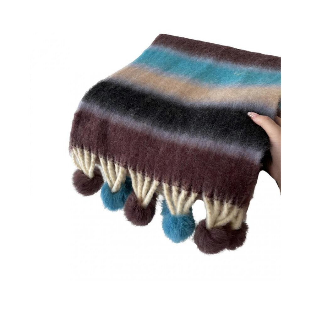(B) Women Scarf Rainbow Color Striped Scarf With Plush Balls Tassel Winter Thickened Warm Couple Scarf Versatile Wear-image