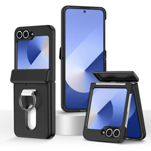 (Black) Folding Central Axis Card Bag Phone Case with Ring