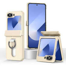 (Beige) Folding Central Axis Card Bag Phone Case with Ring