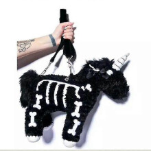(Black) Dark Punk Unicorn Backpack Gothic Rock Pink Plush Flying Horse Skeleton Stuffed Crossbody Bag High Quality Gift For Friends High Quality