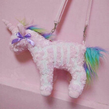 (Pink) Dark Punk Unicorn Backpack Gothic Rock Pink Plush Flying Horse Skeleton Stuffed Crossbody Bag High Quality Gift For Friends High Quality
