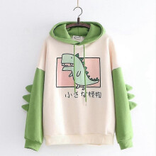 (M,Blue)Cute Dinosaur Cartoon Hoodie Women Fashion Sweatshirt Casual Print Long Sleeve Korean Style Splice Tops Kawaii Clothes