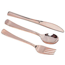 (gold knives)18pcs Rose Gold Plastic Disposable Tableware Dessert Knives Forks Spoon Wedding Birthday Party Decoration Supplies Cutlery Set