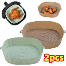 (grey black)2pcs Air Fryer Silicone Basket Silicone Mold Airfryer Oven Baking Tray Pizza Fried Chicken Basket Reusable Pan Liner Accessories