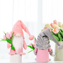 Handgefertigte Tulpenzwerg-Flanell-Elfenpuppe – Pink & Grau, 37x8x6cm
