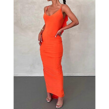 (L,Black)Orange Ruffles Maxi Dress Elegant Sexy Backless Ruched Bodycon Party Dress 2023 New Women Straps Sleeveless Club Evening Dress