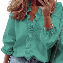 (M,Green)Womens Solid Long Sleeve Ruffle V Neck Blouse Tops Autumn Casual Loose T-shirt Plus Size High Quality