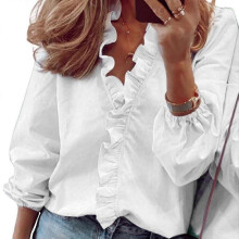 (2XL,White)Womens Solid Long Sleeve Ruffle V Neck Blouse Tops Autumn Casual Loose T-shirt Plus Size High Quality