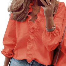 (L,Orange)Womens Solid Long Sleeve Ruffle V Neck Blouse Tops Autumn Casual Loose T-shirt Plus Size High Quality