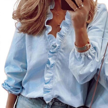 (3XL,Blue)Womens Solid Long Sleeve Ruffle V Neck Blouse Tops Autumn Casual Loose T-shirt Plus Size High Quality