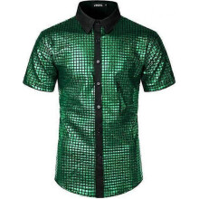 (L,6)2025 Men's Formal Shirt Disco Party Cosplay Costume 70s Retro Glitter Button Shirt Stage Performance